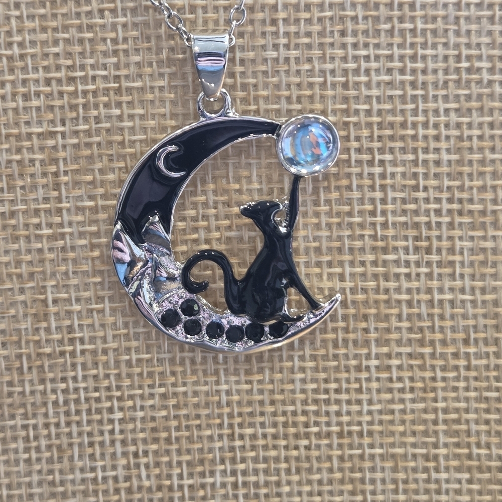 Necklace: Black Cat , Opalite Moon, Sitting On Black Onyx Crystals - Picture 4 of 9